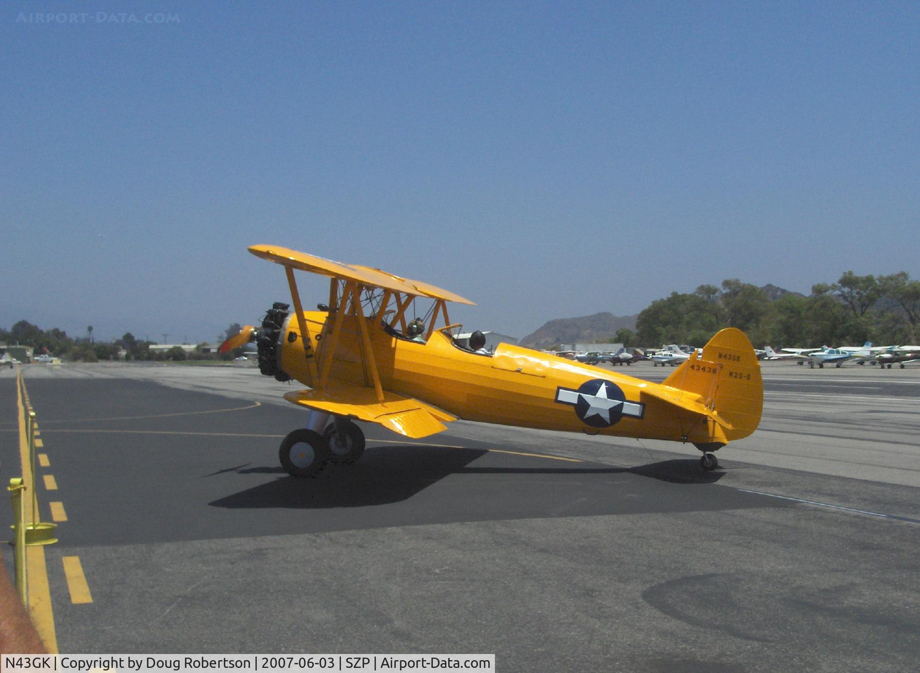N43GK, 1943 Boeing B75N1 C/N 75-8530, 1943 Boeing Stearman B75N1 as Navy N2S-5, Continental W670 220 Hp, completely restored to absolute original with all stencils and Chrome Yellow paint, taxi to refuel