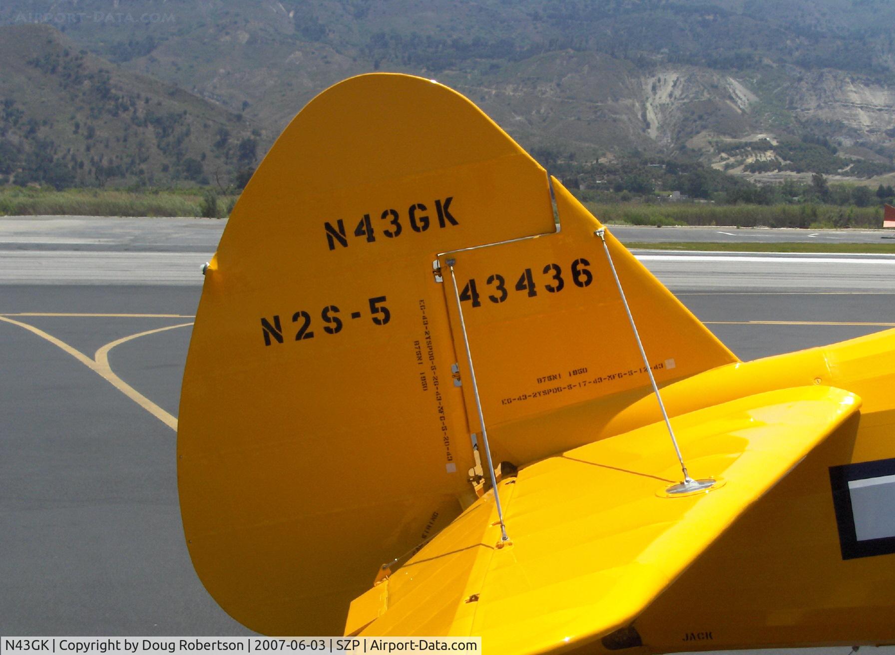 N43GK, 1943 Boeing B75N1 C/N 75-8530, 1943 Boeing Stearman B75N1 as Navy N2S-5, Continental W670 220 Hp, completely restored to absolute original with all stencils and Chrome Yellow paint, right side tail data