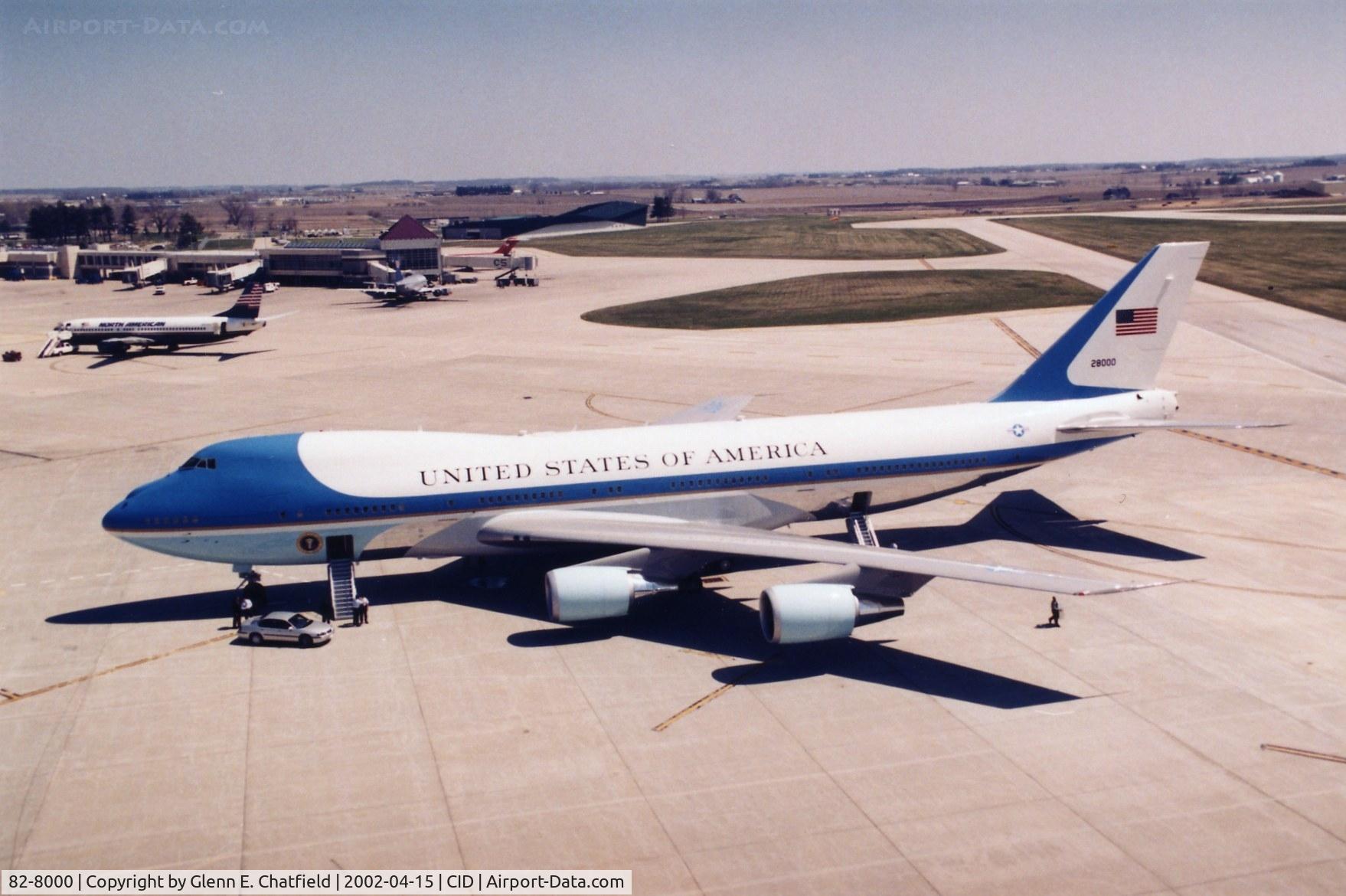 82-8000, 1987 Boeing VC-25A (747-2G4B) C/N 23824, Air Force One parked on the cargo ramp below the control tower