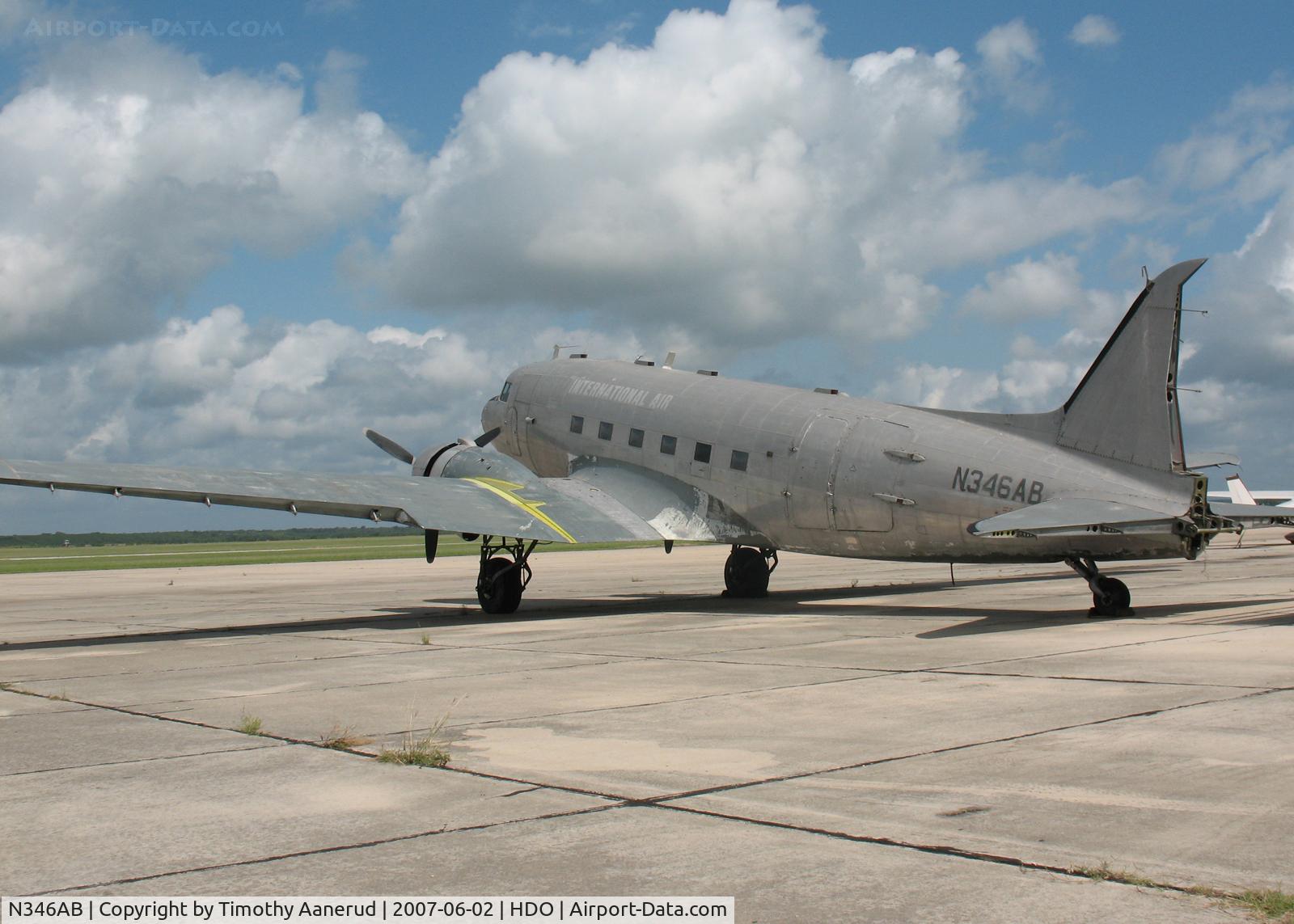 N346AB, 1945 Douglas DC3C-R-1830-90C C/N 16693, Parked at Hondo, TX.  There was an engine run-up so hopefully it will fly again. Ex C-GSCB, Ex C-GGJF, Ex CAF 12905, Ex RAF KP244, Ex 44-77109