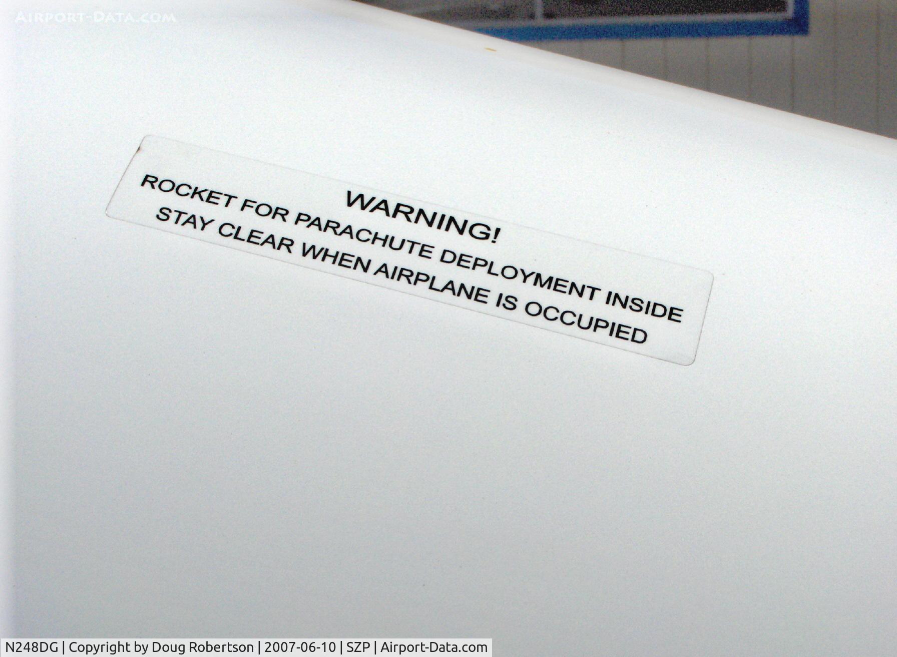 N248DG, 2005 Cirrus SR22 GTS C/N 1359, 2005 Cirrus SR22 GTS, Continental IO-550-N 310 Hp, Ballistic Recovery System warning
