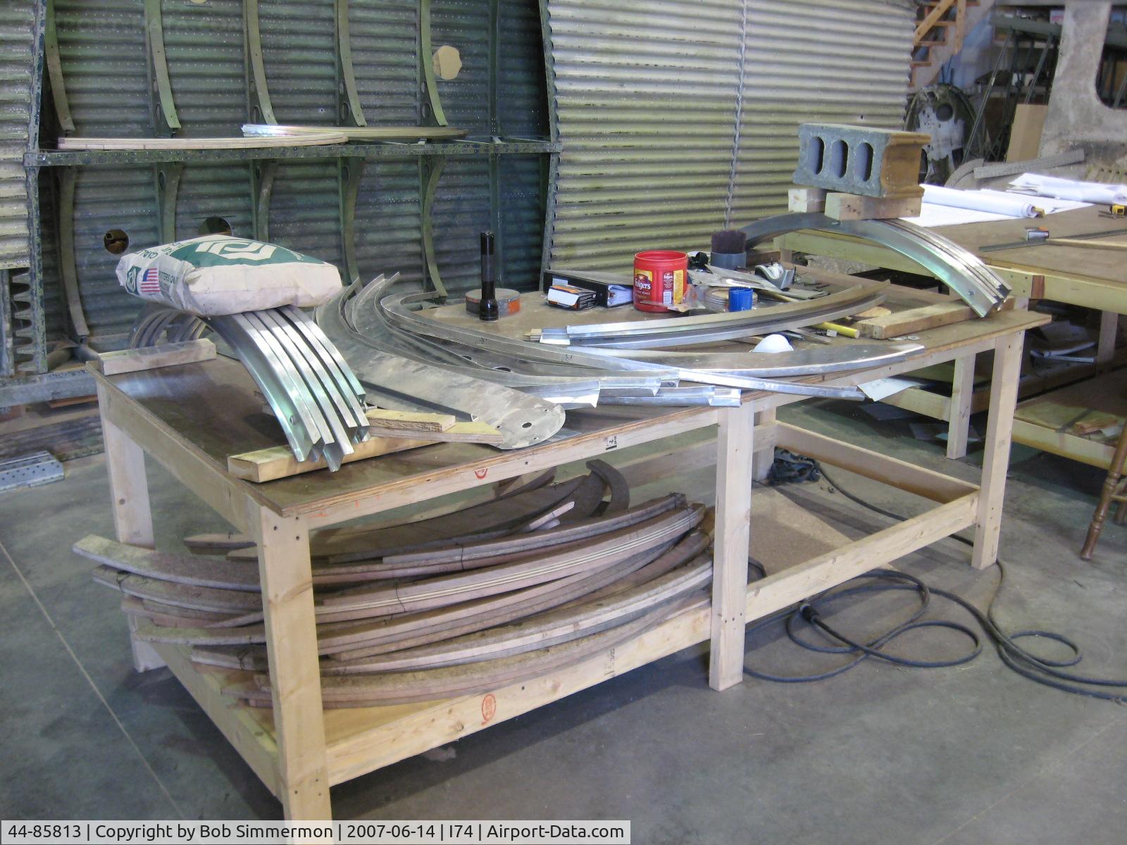 44-85813, 1944 Boeing B-17G Flying Fortress C/N 8722, Manufacturing new components for the fuel cell bays in the wing.  Note the numerous plywood patterns.