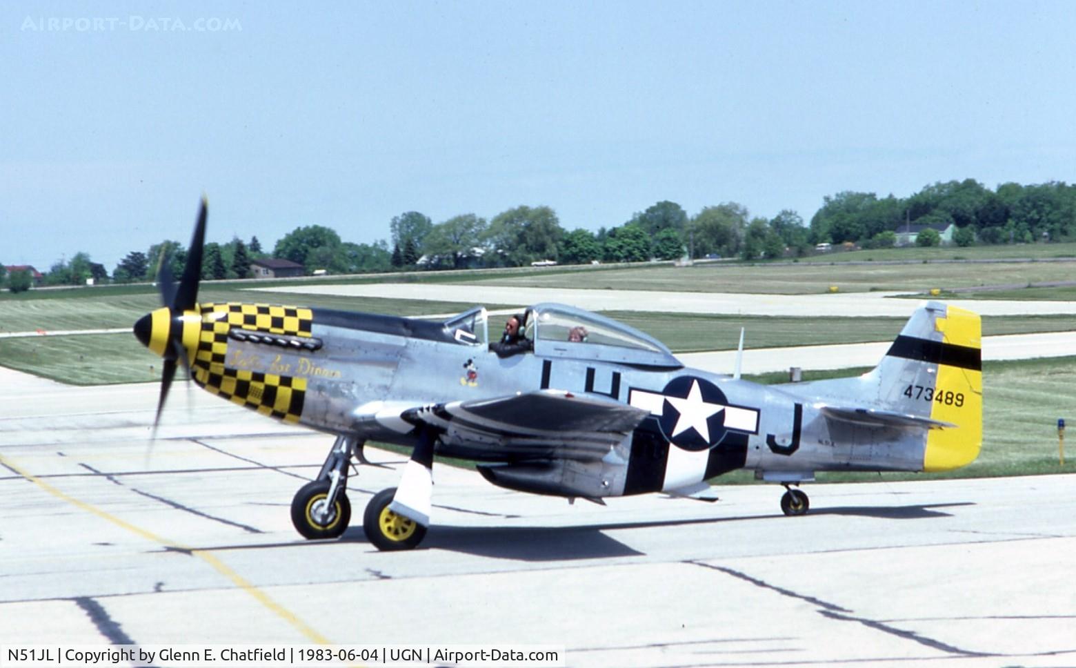 N51JL, North American P-51D Mustang C/N 4473849A, P-51D 44-73849 at the Antique Aircraft Association Fly in.  Destroyed in fatal crash 11/17/84