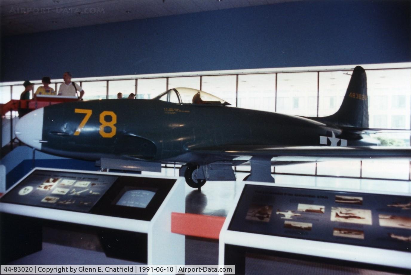 44-83020, 1943 Lockheed XP-80A Shooting Star C/N 140-1001, XP-80 at the National Air & Space Museum.  First of the P-80 series, it made its first flight at Muroc Dry Lake on 1/8/44, 143 days after construction of the plane began.