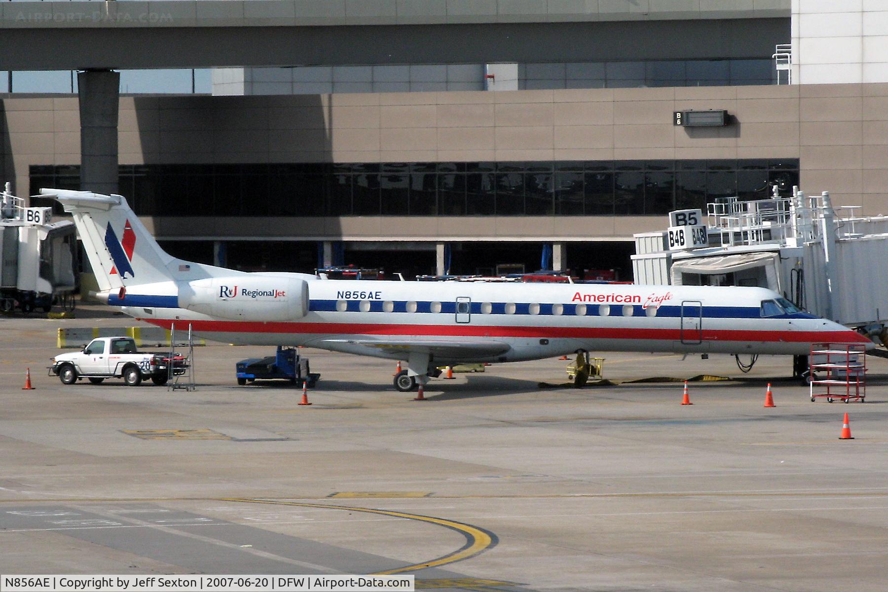 N856AE, 2003 Embraer ERJ-140LR (EMB-135KL) C/N 145748, Parked at Dallas/Fort Worth Terminal B