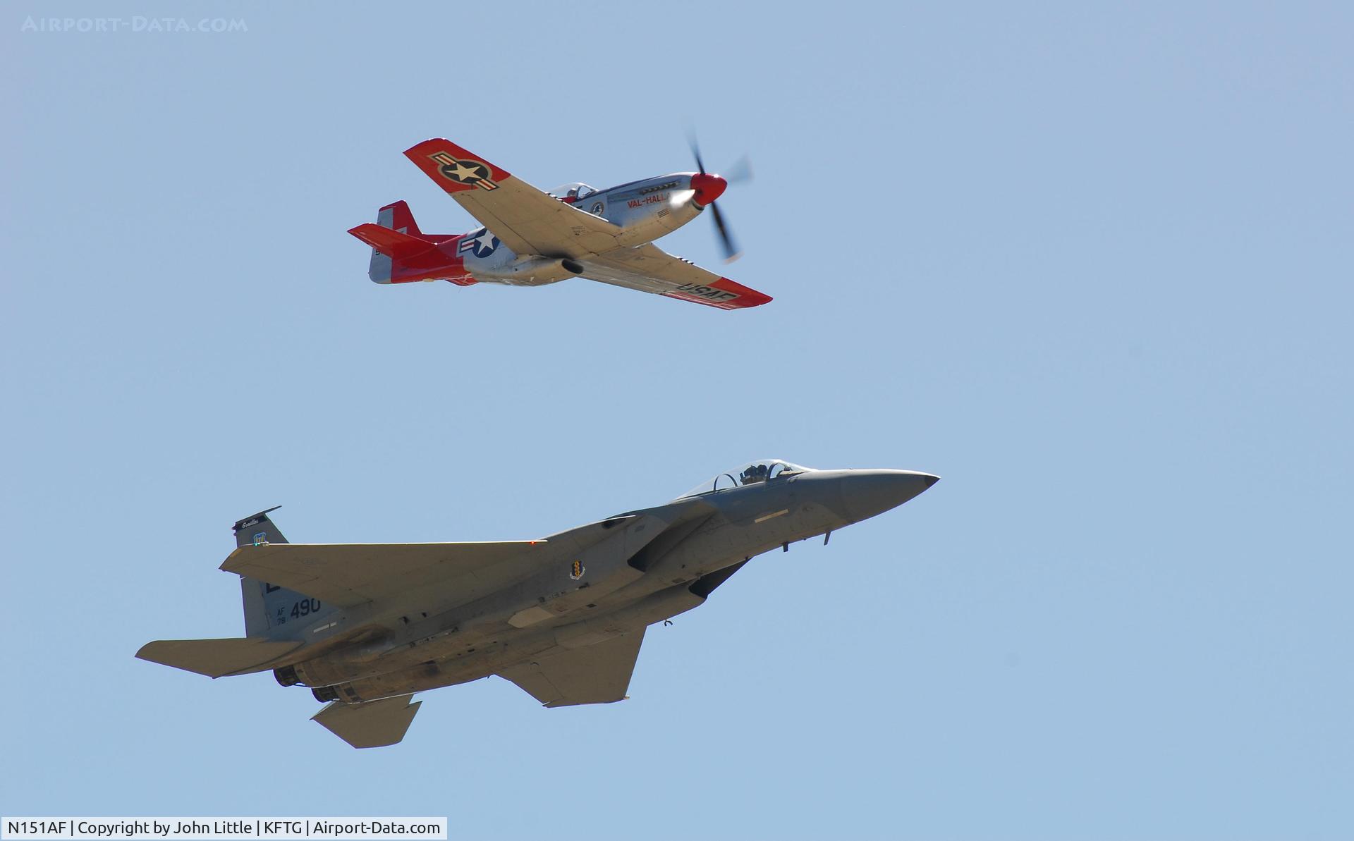 N151AF, 1945 North American P-51D Mustang C/N 45-11525, Tight Formation Flyby of F-15 and P-51