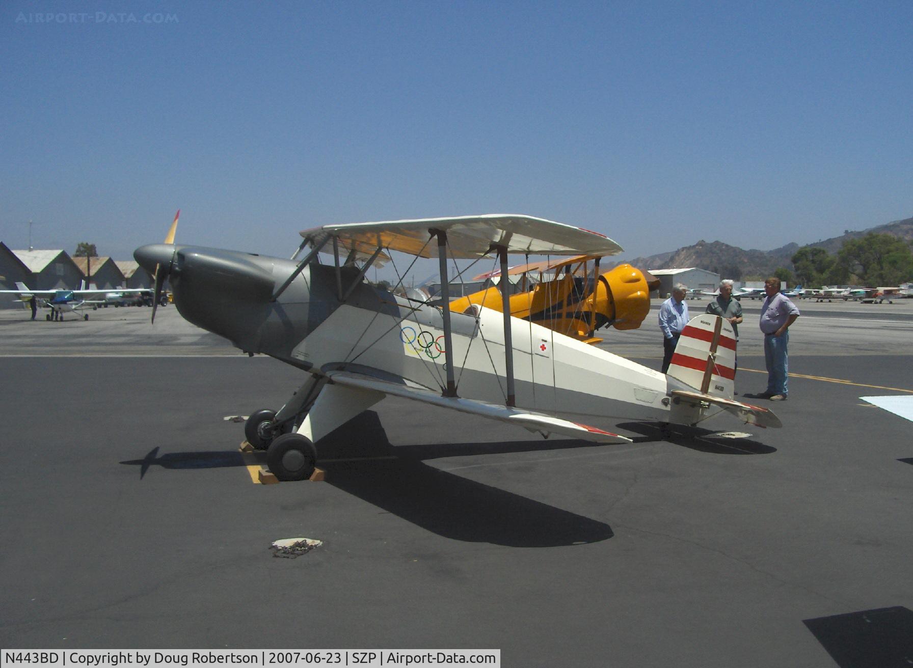 N443BD, 1953 CASA 1-131E Jungmann C/N Not found E3B-443/ N443BD, 1953 Bucker-Jungmann C.A.S.A. 1.131, Lycoming  0-360 180 Hp upgrade, aircraft decoration commemorates the Gold Medal won by a Bucker aerobatic aircraft at the 1936 World Olympic Games in Berlin. (Only aircraft to ever win an Olympic Gold Medal)