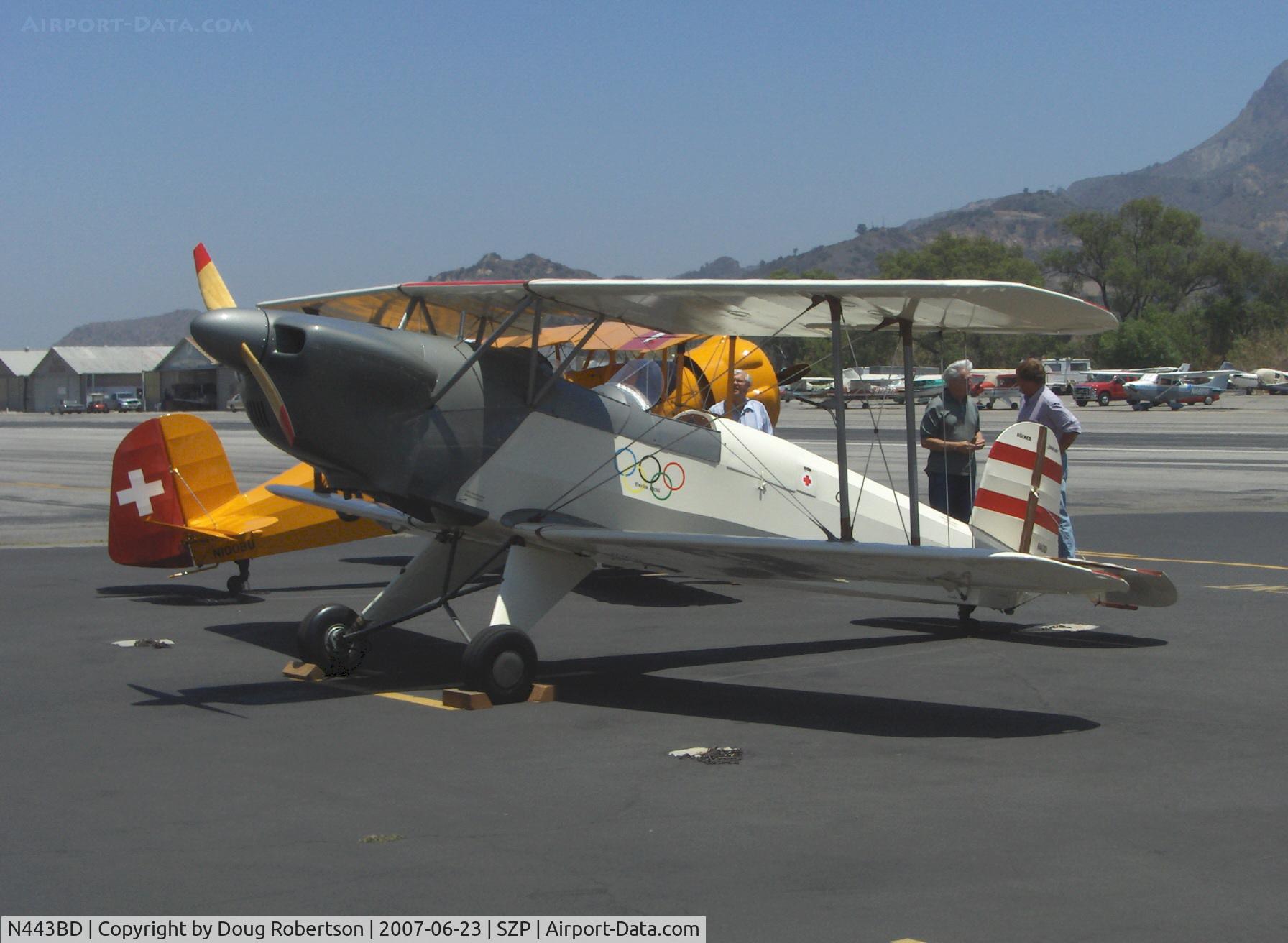 N443BD, 1953 CASA 1-131E Jungmann C/N Not found E3B-443/ N443BD, 1953 Bucker-Jungmann C.A.S.A. 1.131, Lycoming  0-360 180 Hp upgrade, aircraft decoration commemorates the Gold Medal won by a Bucker aerobatic aircraft at the 1936 World Olympic Games in Berlin. (Only aircraft to ever win an Olympic Gold Medal)