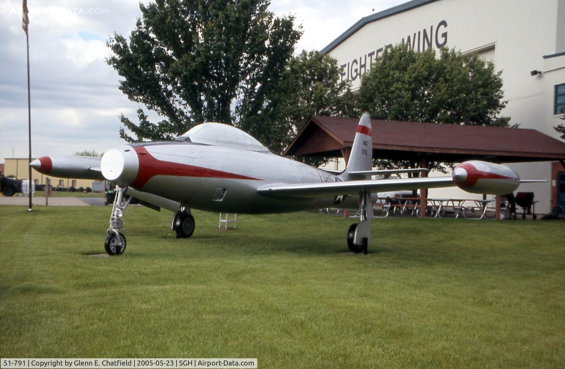 51-791, 1951 Republic F-84G-1-RE Thunderjet C/N Not found 51-791, F-84G on display at the Air National Guard Armory