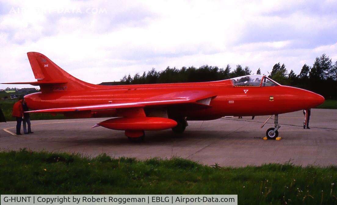 G-HUNT, 1956 Hawker Hunter F.51 C/N 41H-680277, Was Hawker Hunter MK.51 E418 Royal Danish Air Force.Picture taken 1980's.