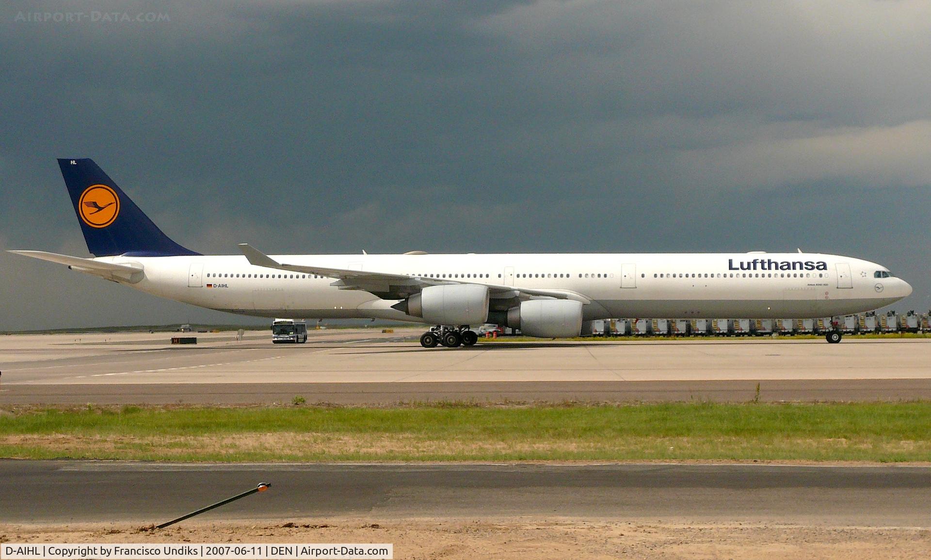 D-AIHL, 2004 Airbus A340-642 C/N 583, Flight 446 from FRA taxiing Bravo Sierra