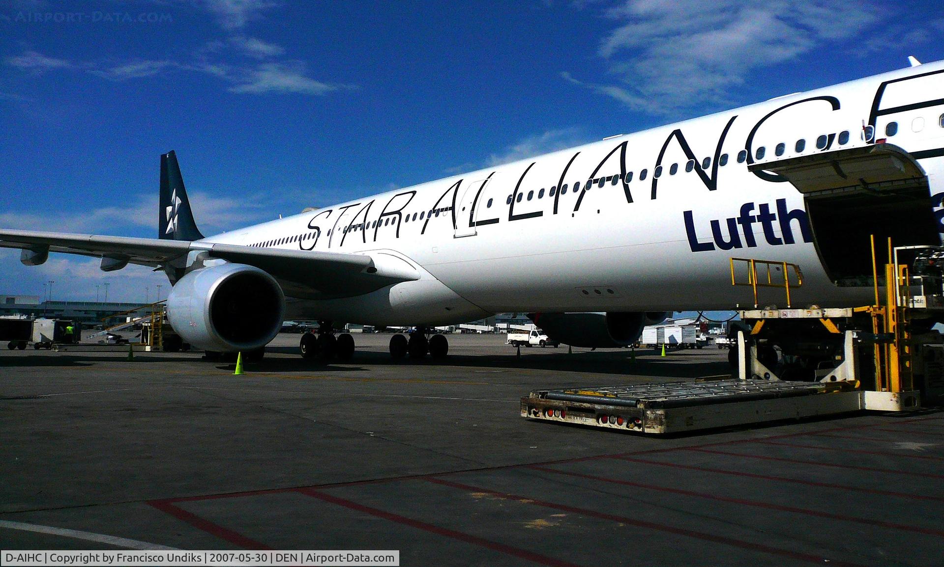 D-AIHC, 2003 Airbus A340-642 C/N 523, Flight 447 to FRA, being loaded on A41.