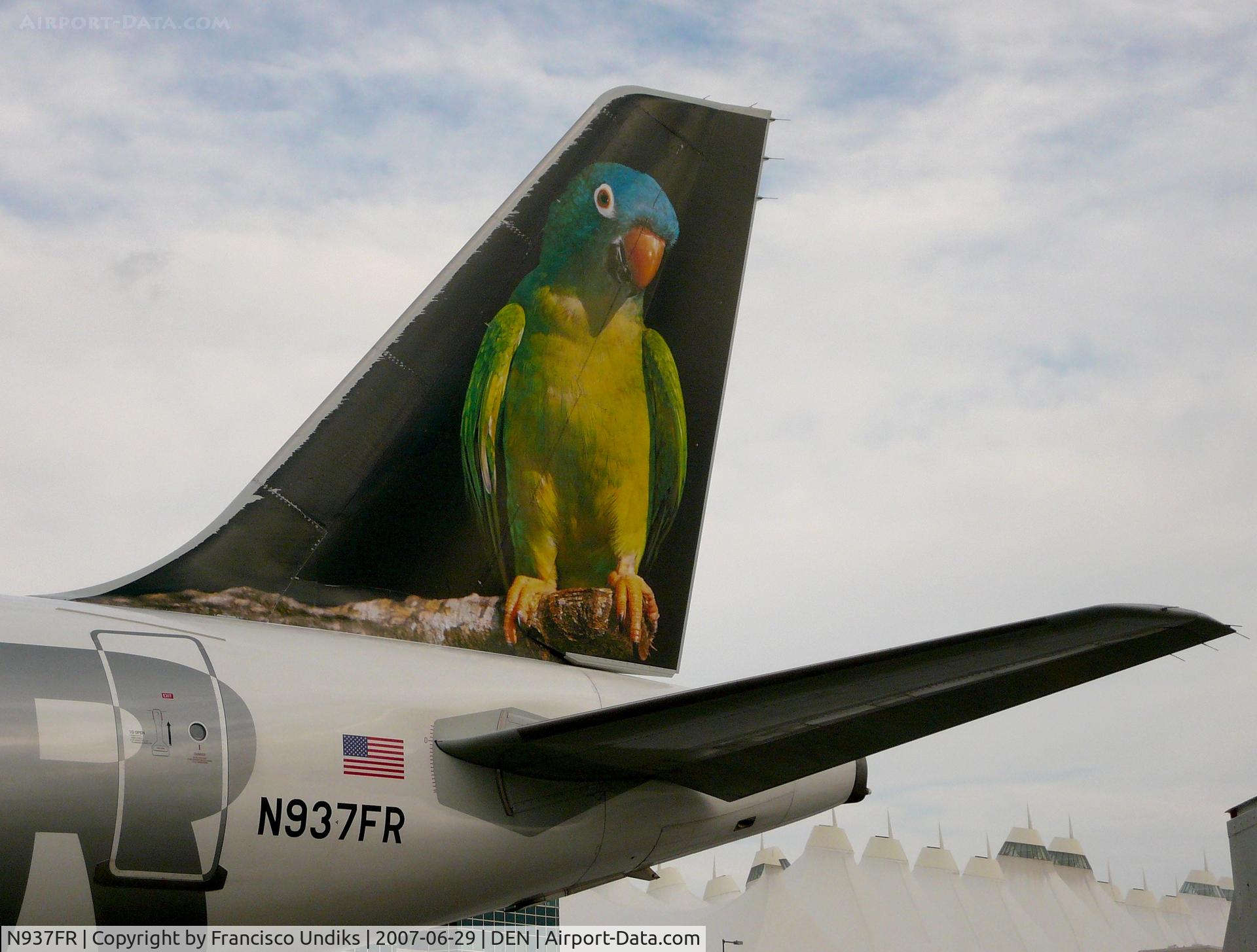 N937FR, 2005 Airbus A319-111 C/N 2400, Frontier Airlines Carmen the Blue Crowned Conure.