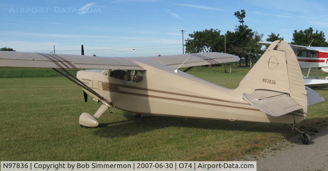 N97836, 1946 Stinson 108-1 Voyager C/N 108-836, Franklin 150 powered.  Visiting Mt. Victory, OH for breakfast
