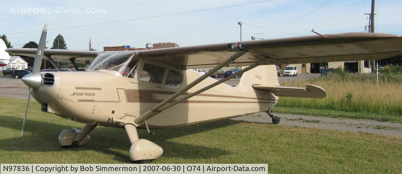 N97836, 1946 Stinson 108-1 Voyager C/N 108-836, Franklin 150 powered.  Visiting Mt. Victory, OH for breakfast