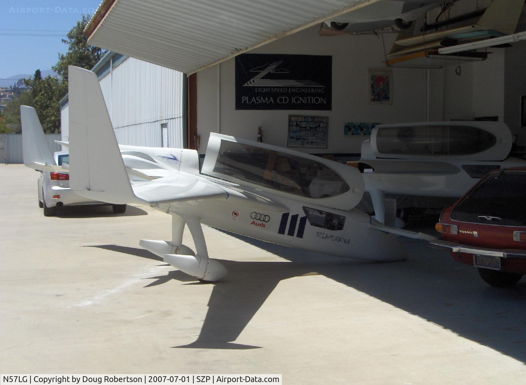 N57LG, 1983 Rutan VariEze C/N 57Z, 1983 Godsey/Klaus Savier modified Rutan VARI-EZE, Continental O-200 100+ Hp, World multiple record FAI speed holder, at its hangar