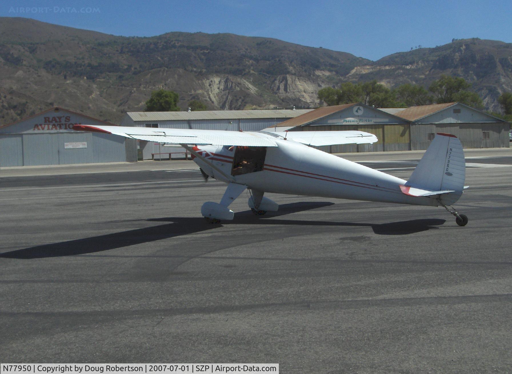 N77950, 1946 Luscombe 8A C/N 3677, 1946 Luscombe 8A, Continental C85 85 Hp, holding short Rwy 22, door removed-flying on a hot day