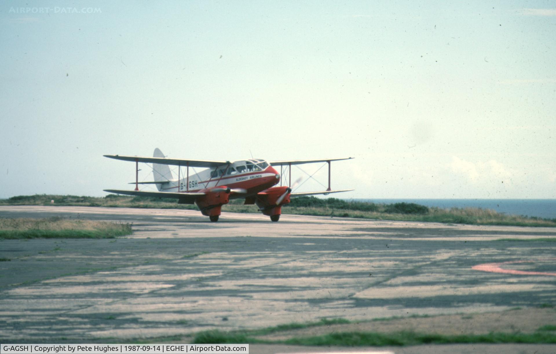 G-AGSH, 1945 De Havilland DH-89A Dominie/Dragon Rapide C/N 6884, Rapide G-AGSH returns home to Scilly, September 1987