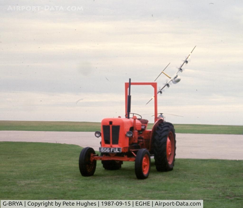 G-BRYA, 1981 De Havilland Canada DHC-7-110 Dash 7 C/N 062, yes, it is a four engined airliner behaving like that!  Dash Seven showing off, St Mary's Isles of Scilly September 1987