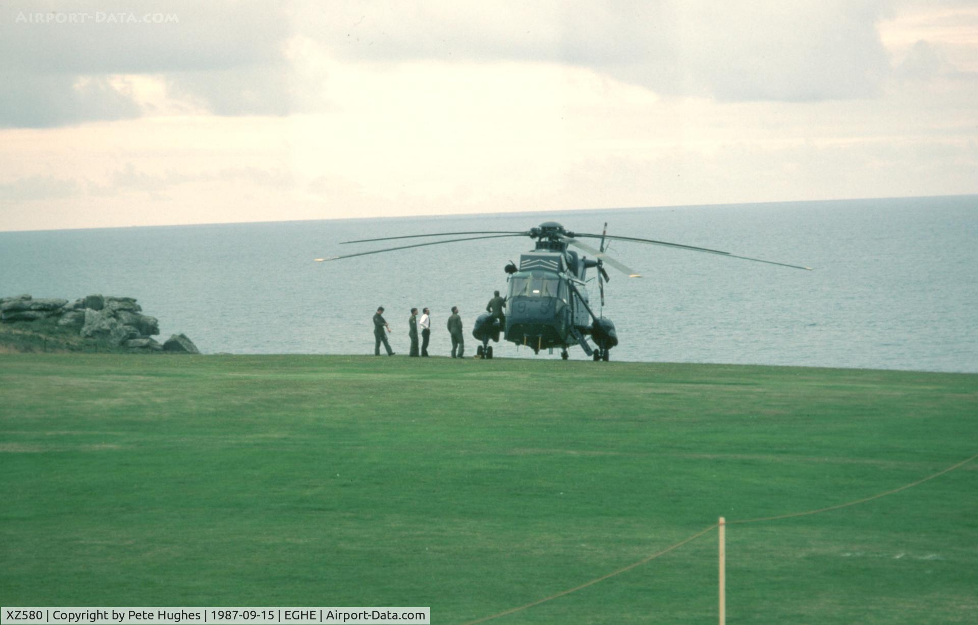 XZ580, 1977 Westland Sea King HAS.6 C/N WA848, take care parking on the slope - XZ580 /595 Sea King 5 706 Sqn Royal Navy St Mary's Isles of Scilly