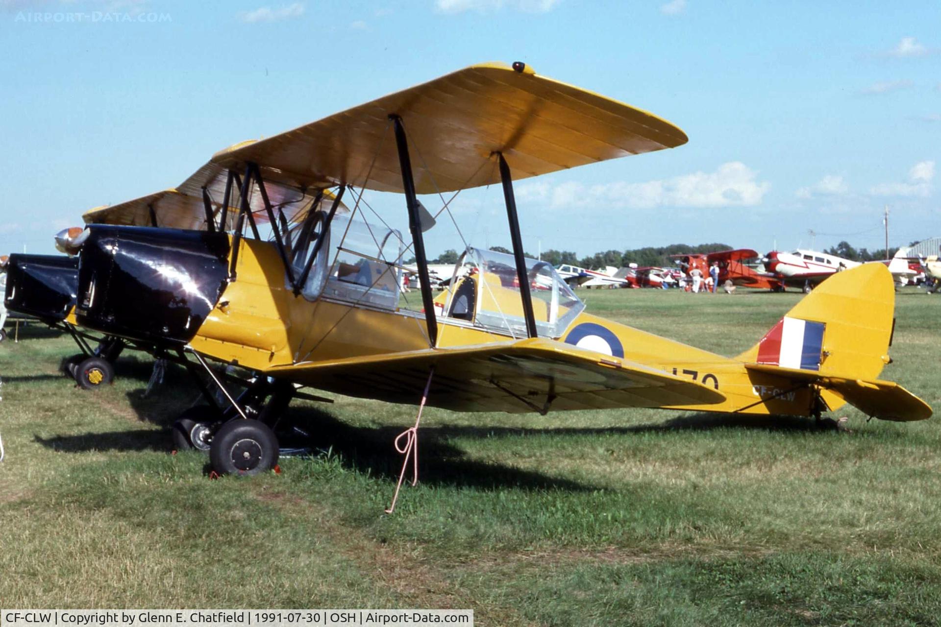 CF-CLW, 1941 De Havilland Canada DH-82C Tiger Moth C/N DHC1373, This aircraft was one of 200 PT-24s, purchased for Lend-Lease.  It had been assigned RCAF s/n 1170, then purchased by USAAF as 42-1034, turned over to the RAF as FE170, and given to the RCAF.