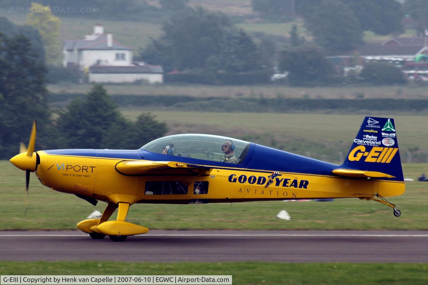 G-EIII, 1994 Extra EA-300 C/N 057, G-EIII taking off for an air display at RAF Cosford