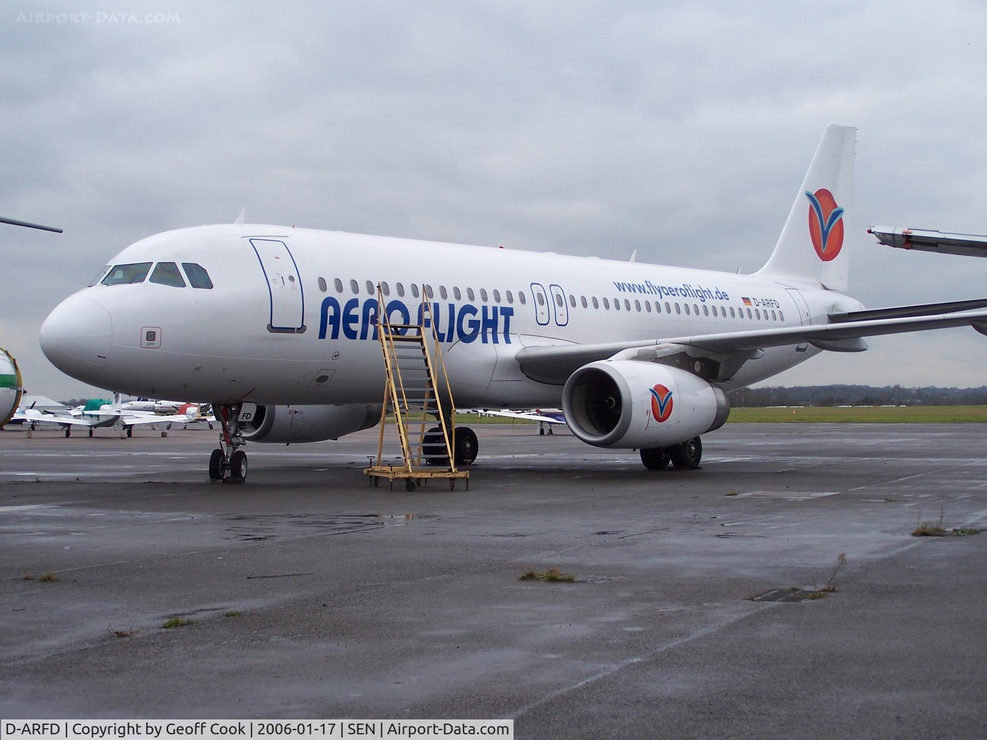 D-ARFD, 2004 Airbus A320-232 C/N 2108, D-ARFD was stored at Southend Airport, England after Aeroflight ceased flying. She is now LZ-MDT flying with Air VIA Bulgarian Holidays