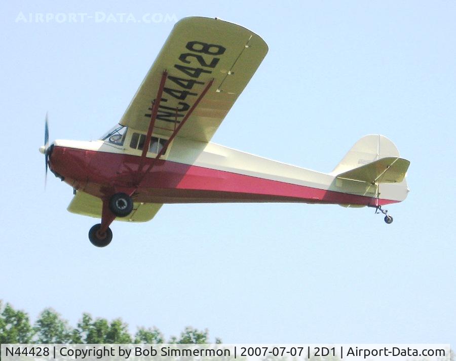 N44428, 1946 Taylorcraft BC12-D C/N 10228, Departing the Aeronca/T-craft fly-in at Alliance, OH