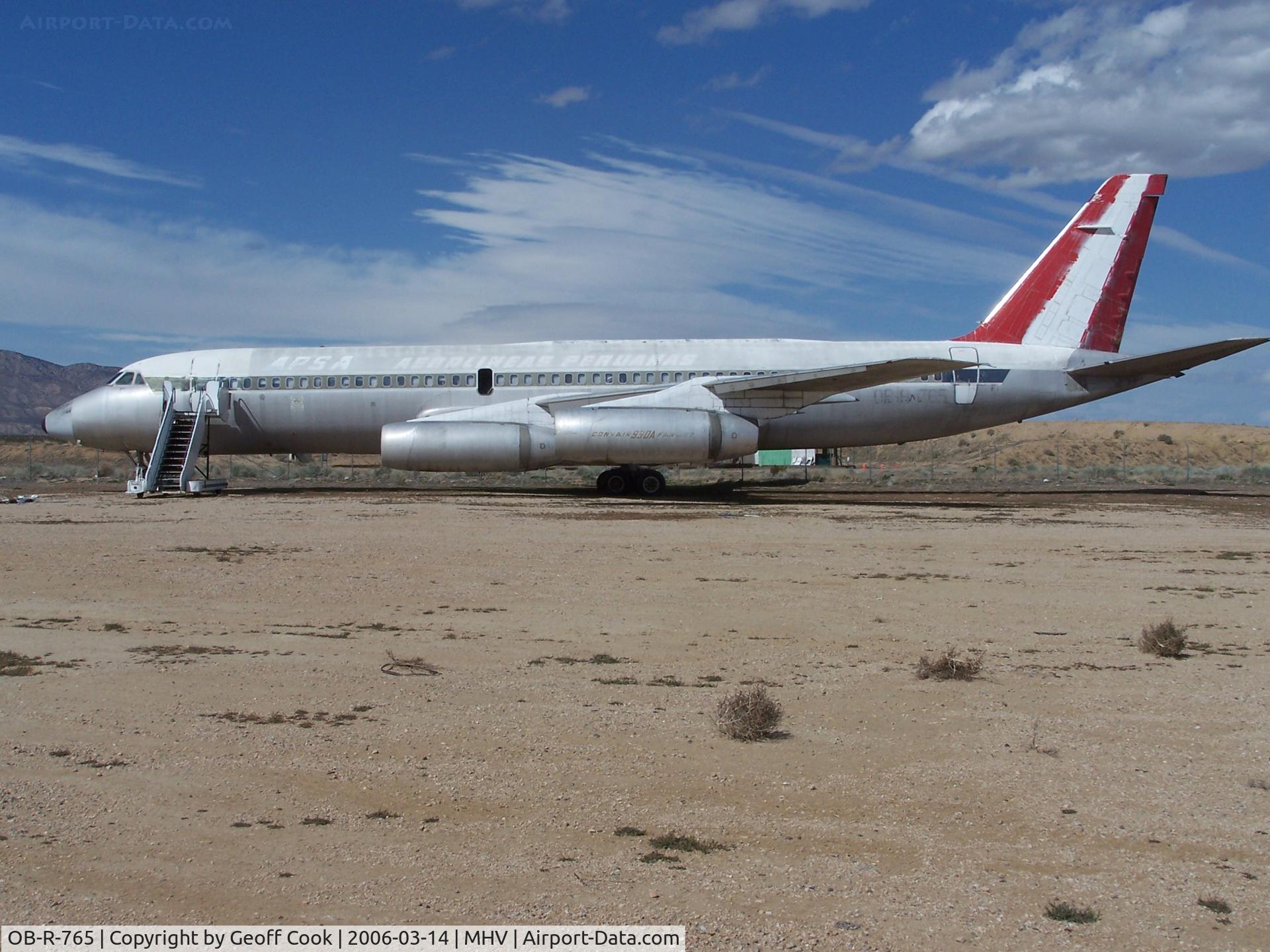 OB-R-765, 1961 Convair CV-990A Coronado C/N 30-2, Convair's entrants to the jetliner world were CV 880s and 990s. Although very attractive, and fast, both types were not the commercial success as hoped.  OB-R-765 (a CV990 Coronado) rests in faded APSA colours in the Mojave Desert