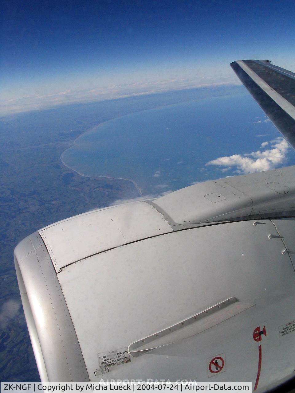 ZK-NGF, 1998 Boeing 737-3U3 C/N 28734, Reaching the south tip of the North Island on the flight from Dunedin to Auckland