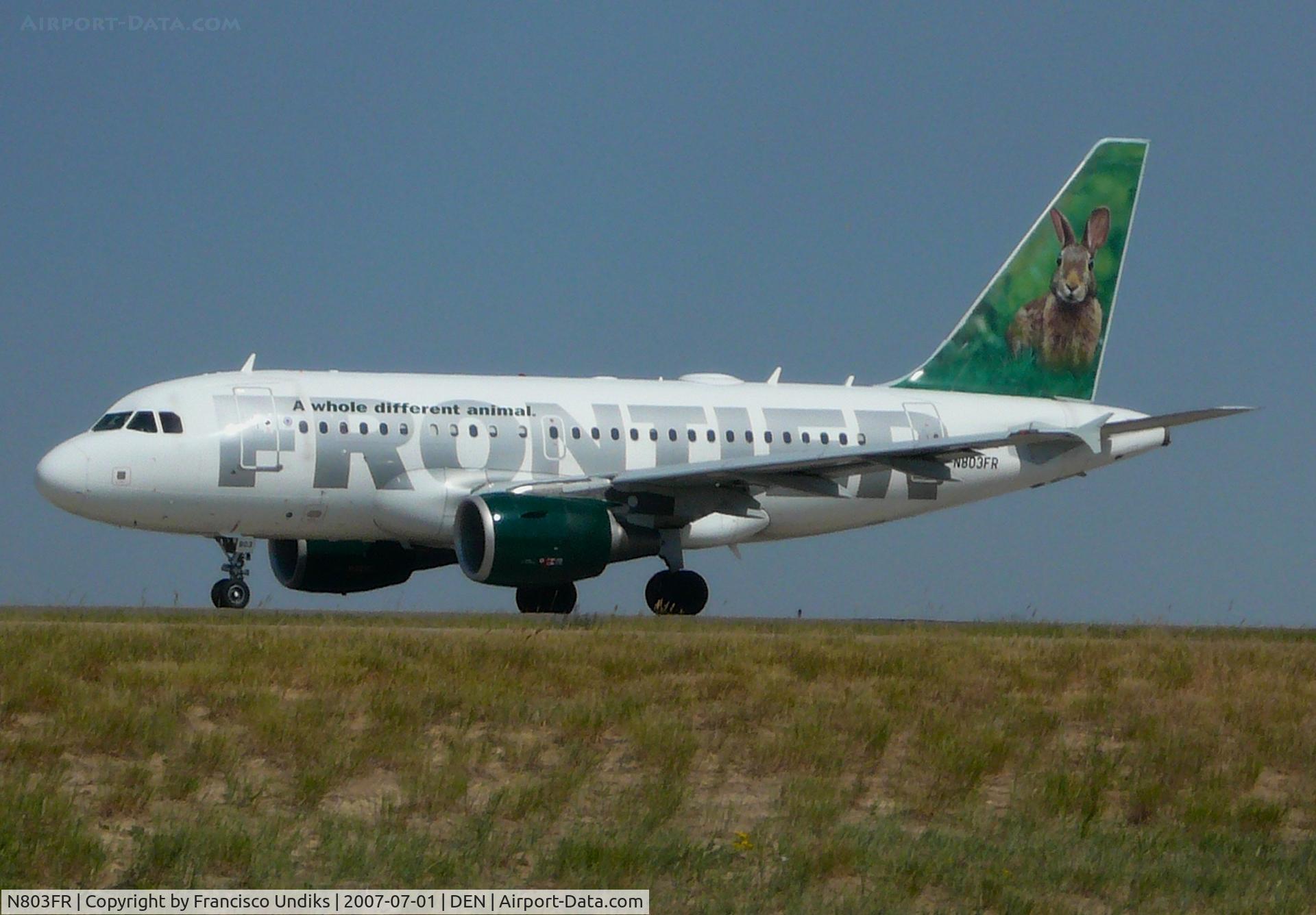 N803FR, 2003 Airbus A318-111 C/N 2017, Frontier Airlines Stu on taxiway Lima.
