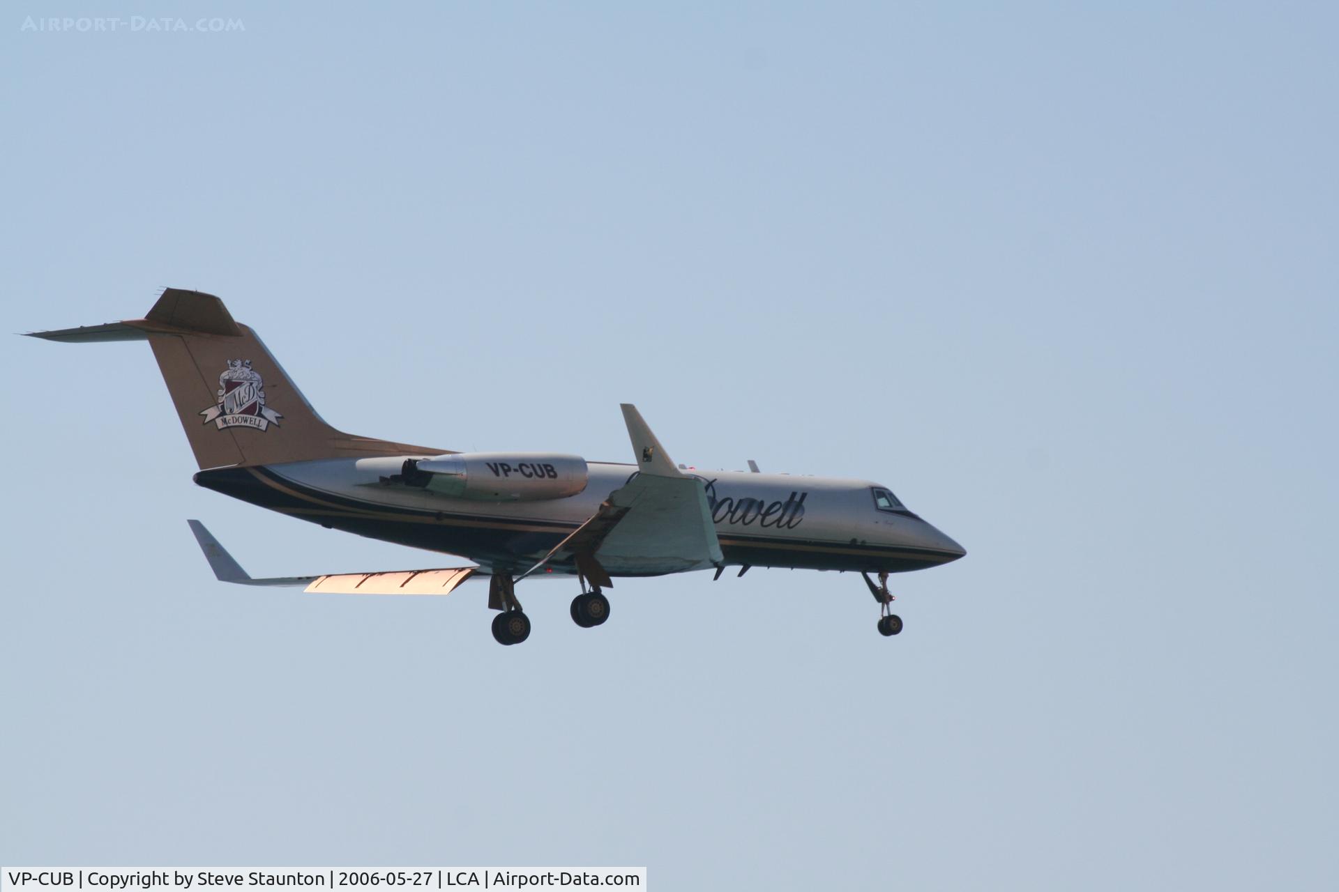 VP-CUB, Gulfstream American G-1159 Gulfstream II C/N 207, Taken from the beach at Larnaca