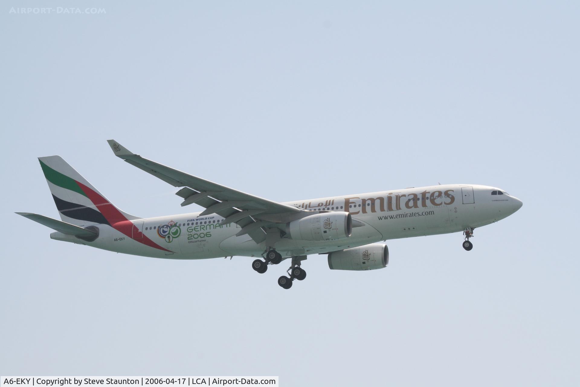 A6-EKY, 2000 Airbus A330-243 C/N 328, Taken on a beach at Larnaca - note FIFA 2006 marks