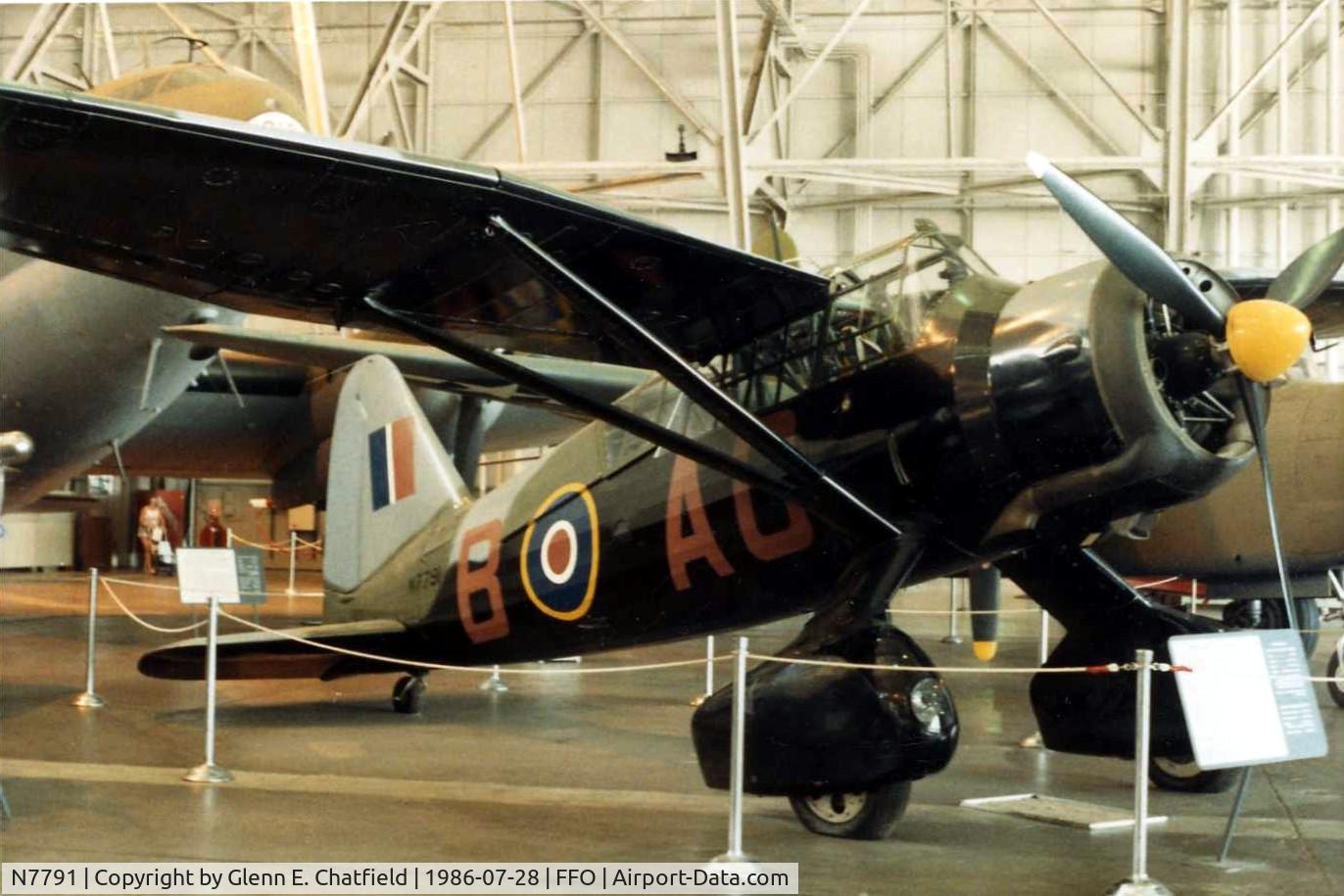 N7791, 1940 Westland Lysander III C/N 1185, Lysander IIIA displayed at the National Museum of the U.S. Air Force on its way to the National Air & Space Museum
