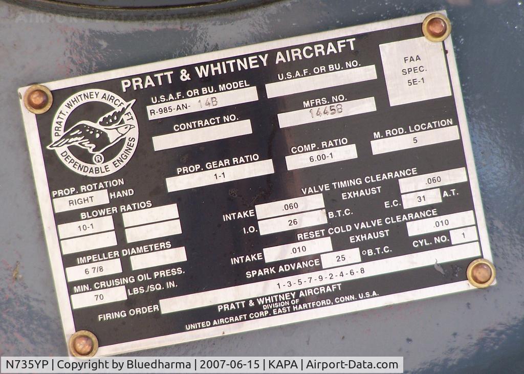 N735YP, 1942 Boeing B75N1 C/N 75-2611, Pratt & Whitney Tag