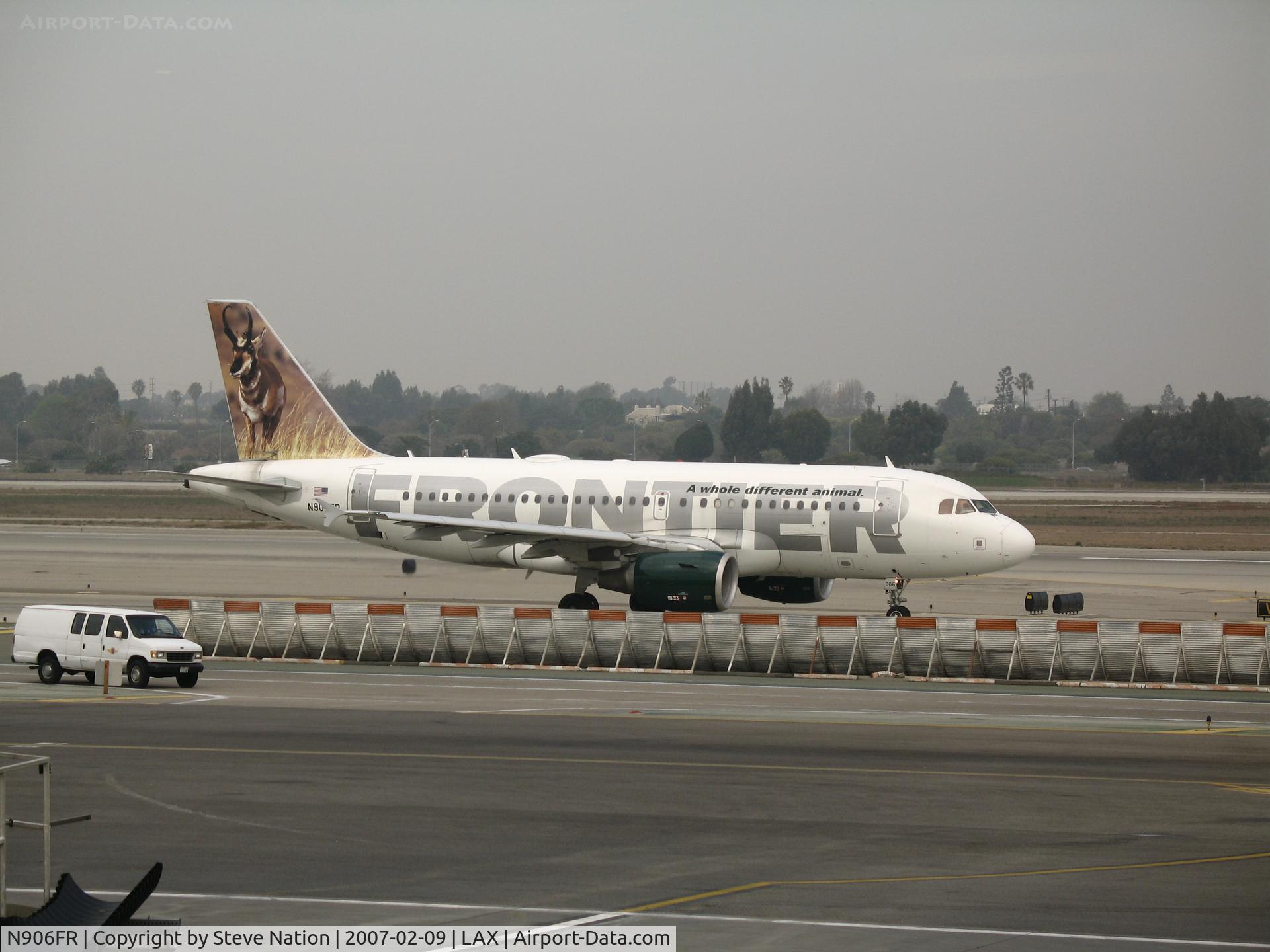 N906FR, 2002 Airbus A319-111 C/N 1684, Frontier A319-111 with Elk on tail taxying @ LAX