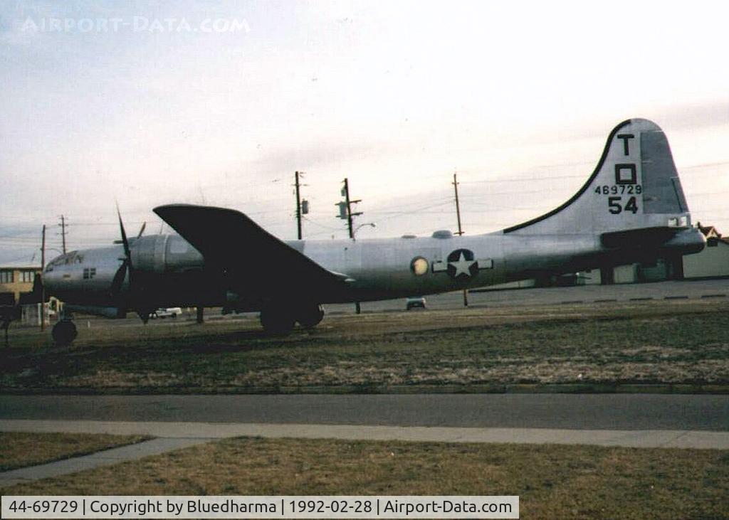 44-69729, 1944 Boeing B-29-60-BW Superfortress C/N 10561, B-29 Superfortress. This was assigned to the 498th Bomb Group (the 875th Bomb Squadron) and completed thirty-seven bombing missions. Lowry airforce base. Now located at Seattle's Museum of Flight.