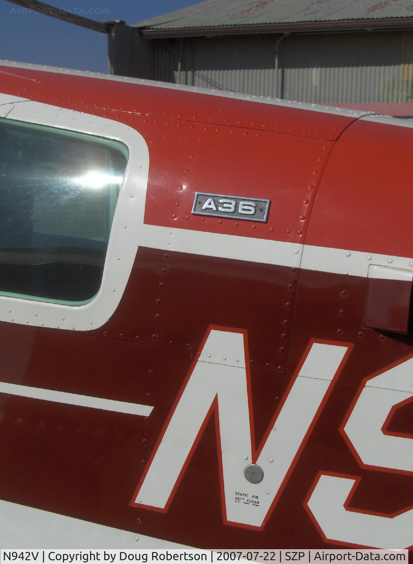 N942V, 1975 Beech A36 Bonanza 36 C/N E-715, 1975 Beech A36 BONANZA, Continental IO-520-BA 285 Hp, logo & static port