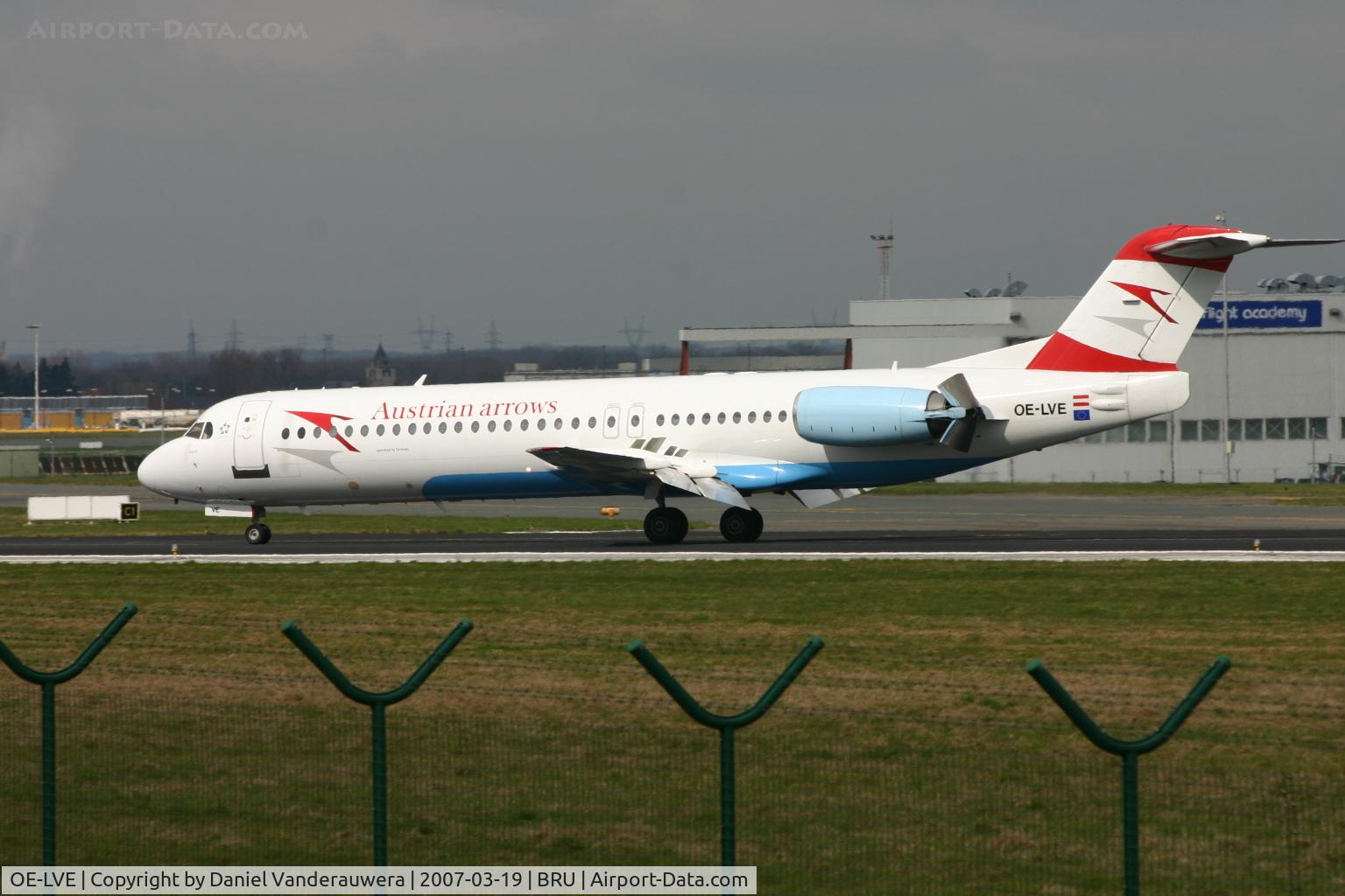 OE-LVE, 1994 Fokker 100 (F-28-0100) C/N 11499, flight  OS367 is slowing down after landing on rwy 25L