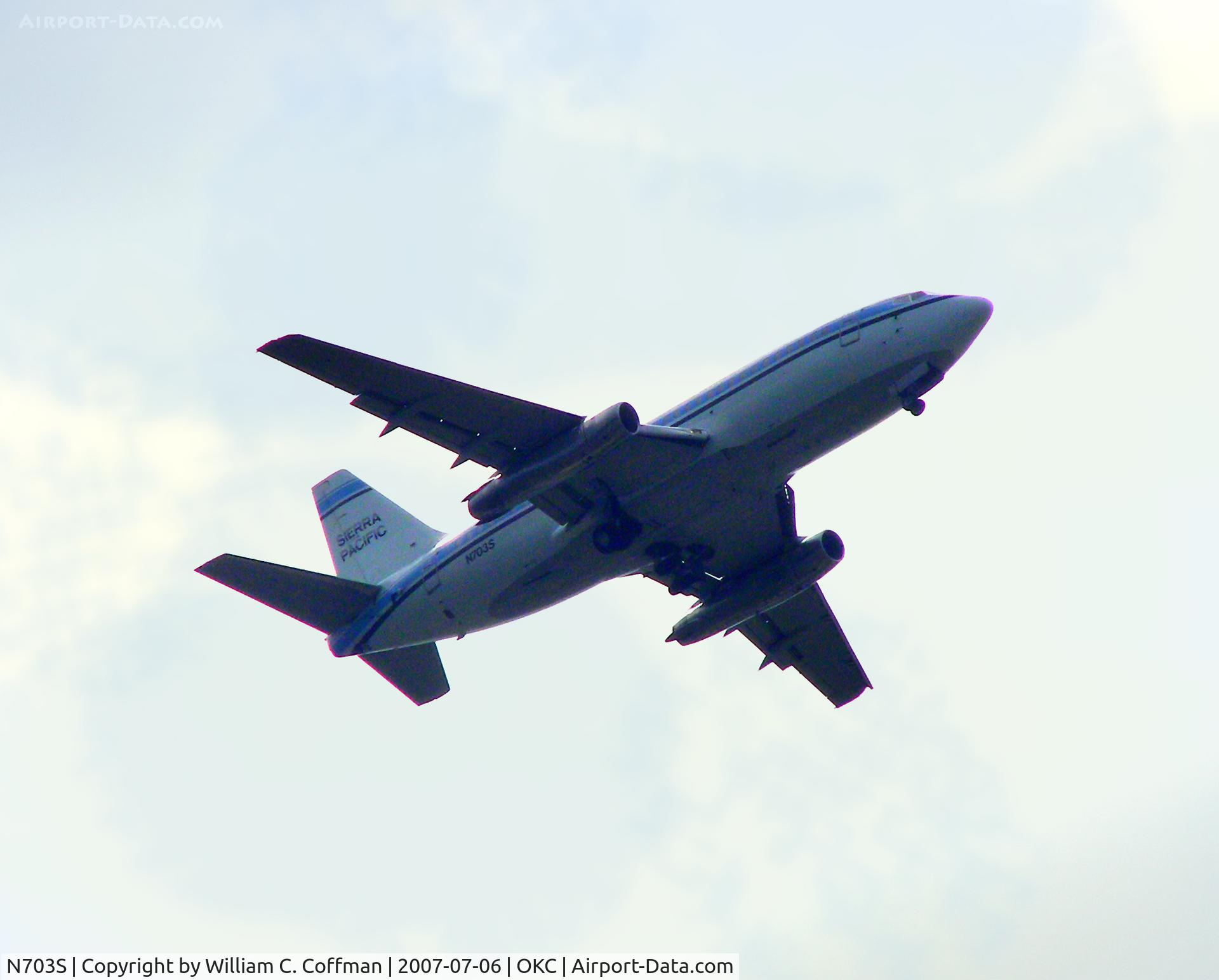 N703S, 1981 Boeing 737-2T4 C/N 22529, Flying over my Warehouse, headed for Will Rogers World Airport.