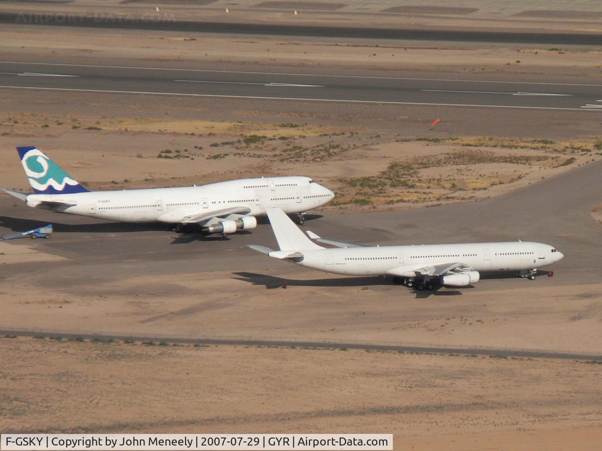 F-GSKY, 1985 Boeing 747-312 C/N 23244, Basic Corsair colors. The unmarked A340 in this pic is D-AIEL