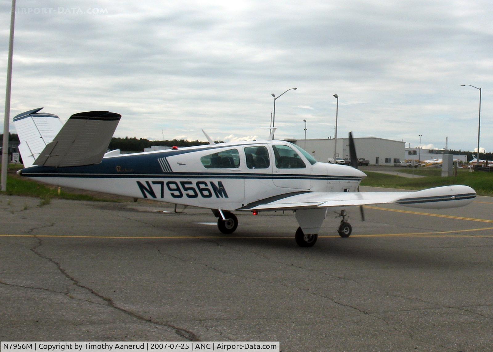 N7956M, 1968 Beech V35A Bonanza C/N D-8823, Taxiing from GA parking to ANC.  I missed getting a shot of this aircraft going through the Aircraft Crossing, see ANC photos