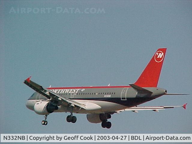 N332NB, 2001 Airbus A319-114 C/N 1570, N332NB on a short final to Bradley Airport Hartford CT April 27th 2003