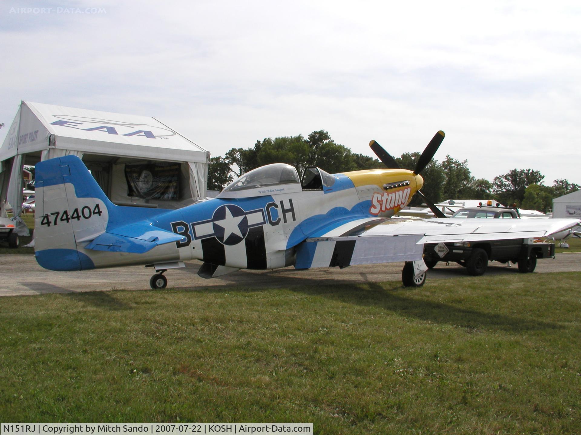 N151RJ, North American P-51D Mustang C/N 44-74404, This photo was taken 5 days before the runway landing accident at OSH took place. Pilot Casey Odegaard was uninjured but tragically Gerald Beck, pilot of the other P-51 was fatally injured.