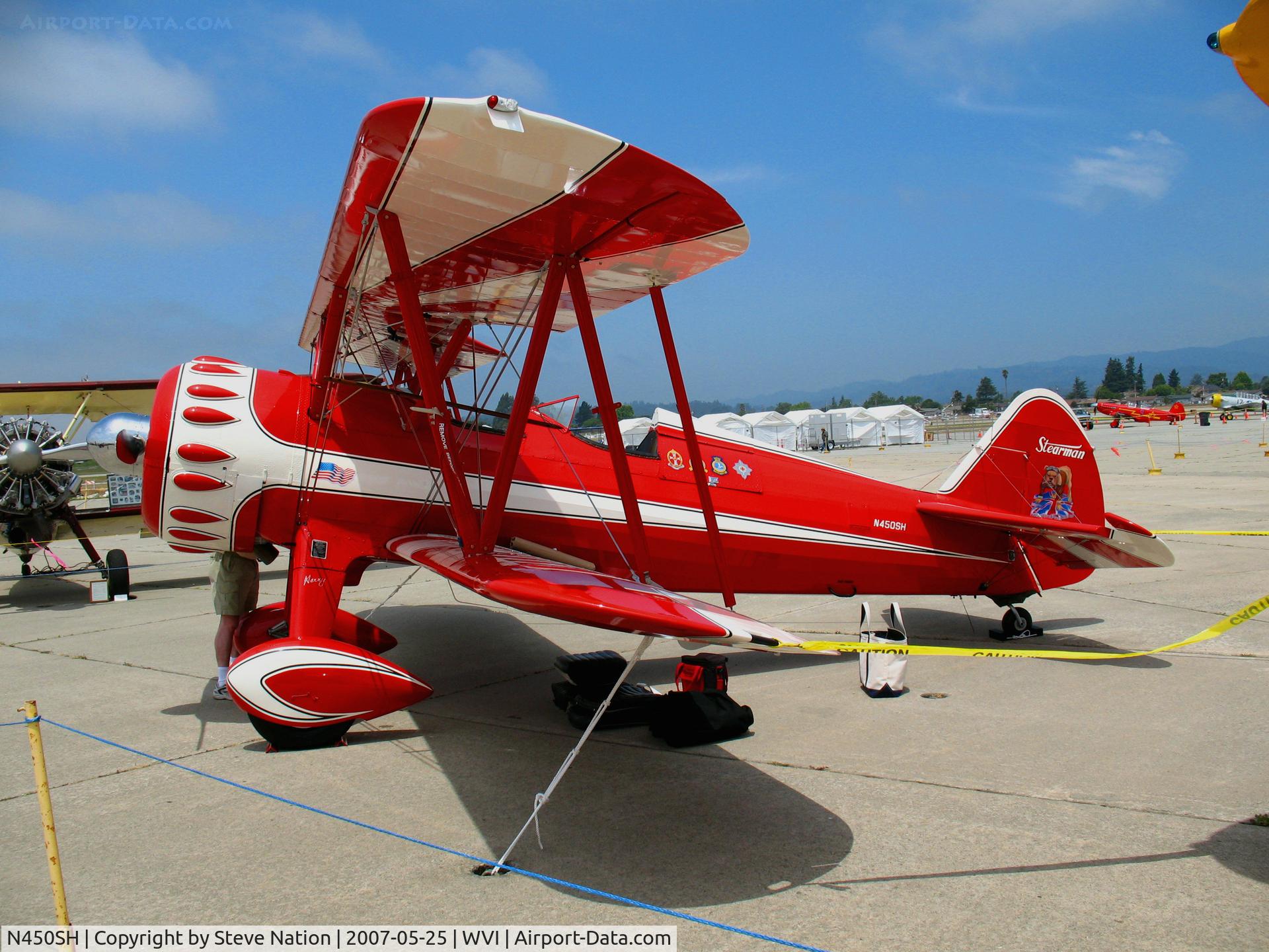 N450SH, 1943 Boeing B75N1 C/N 75-8004, Souped-up, bright red 1943 Boeing B75N1 with British Bulldogs tail logo @ Watsonville, CA airshow