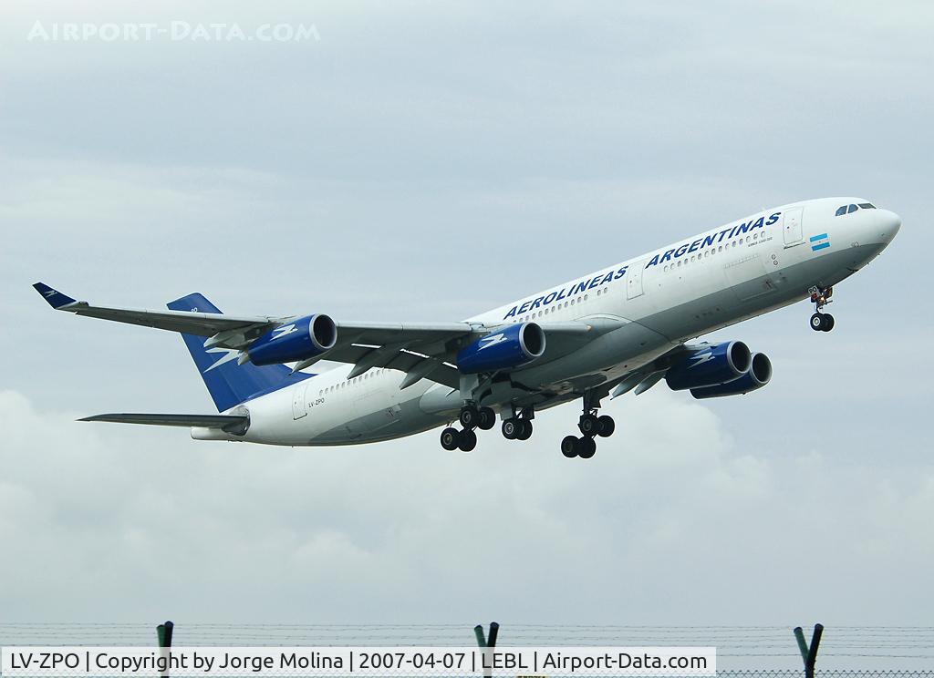 LV-ZPO, 1993 Airbus A340-211 C/N 063, Taking off RWY 07R of Barcelona-El Prat airport.