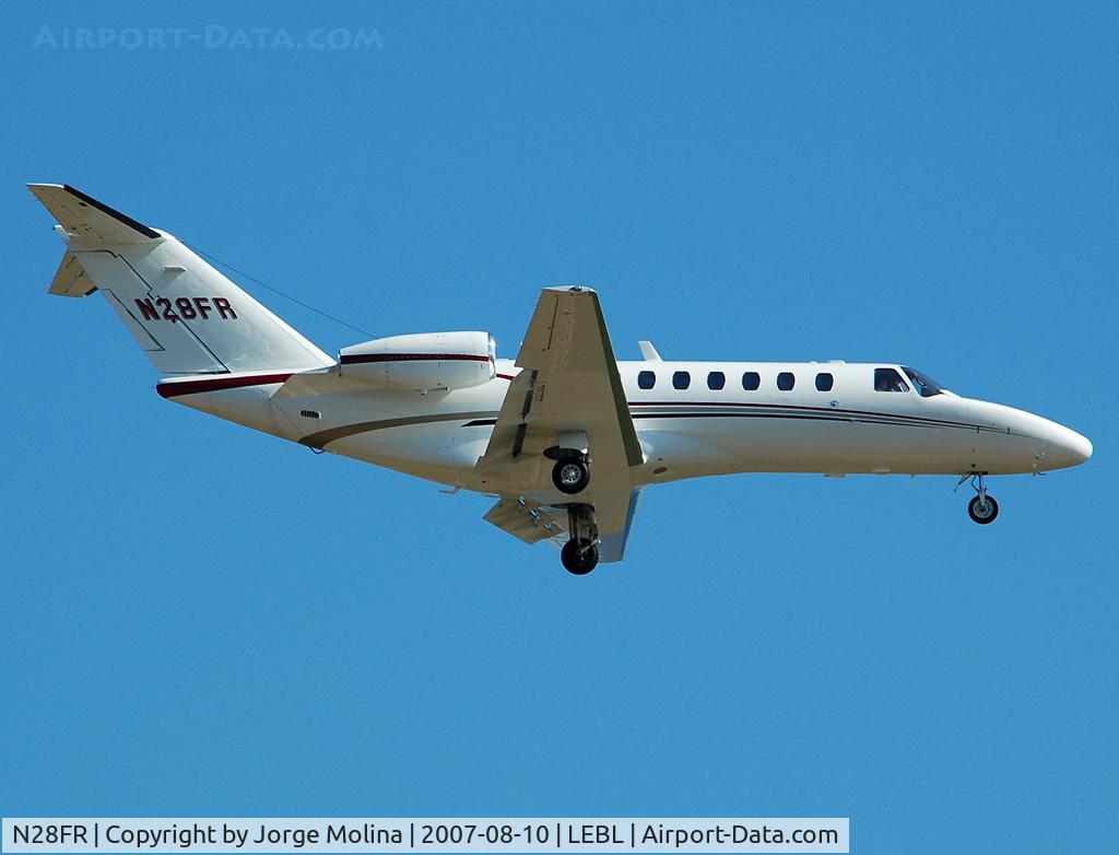 N28FR, 2007 Cessna 525B CitationJet CJ3 C/N 525B0153, Short final RWY 25R.