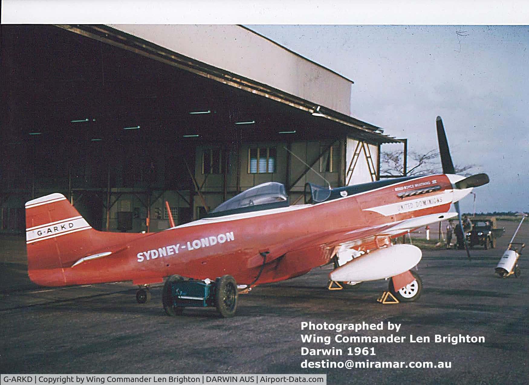 G-ARKD, Commonwealth CA-18 Mustang 22 (P-51D) C/N 1330, Photographed at Darwin Australia 1961. At the time being frown to London as part of a record breaking flight. Ron Flockhart was the Pilot. I am led to believe that the plane over heated on the Runway at Athens and was scrapped some years later there.