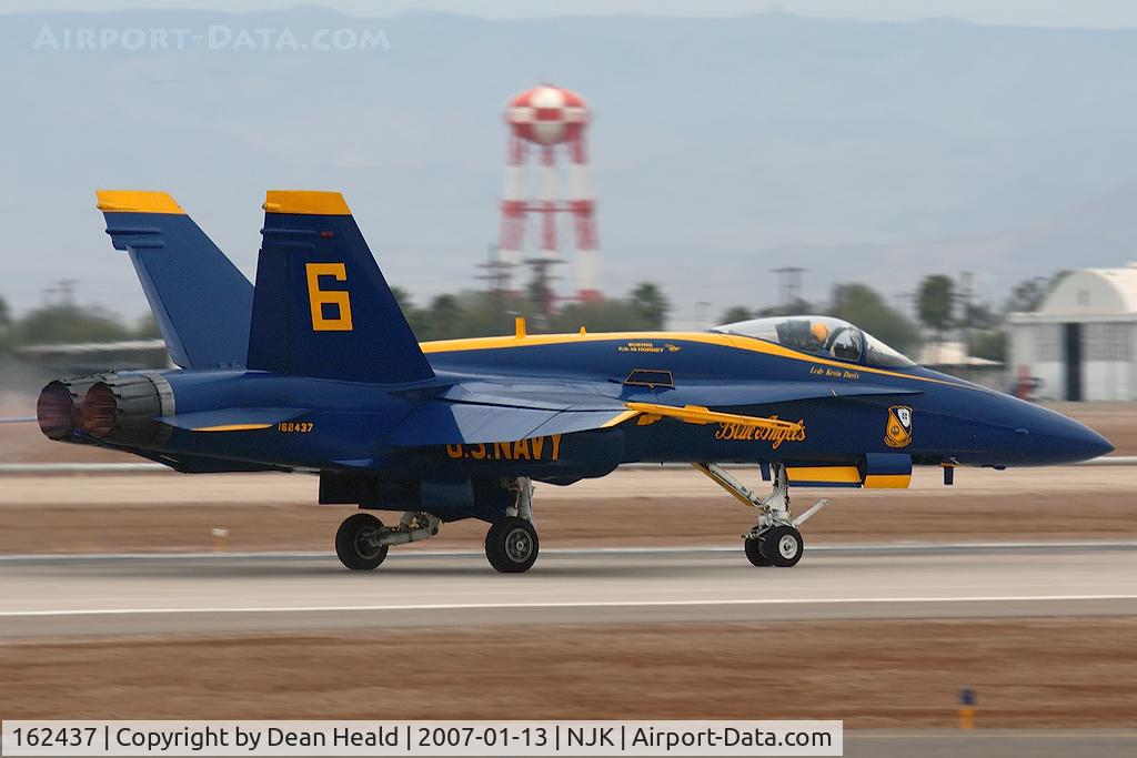 162437, McDonnell Douglas F/A-18A Hornet C/N 0281, The late Lcdr Kevin Davis (Blue Angels 6) departing RWY 30 at NAF El Centro during pre-season practice.