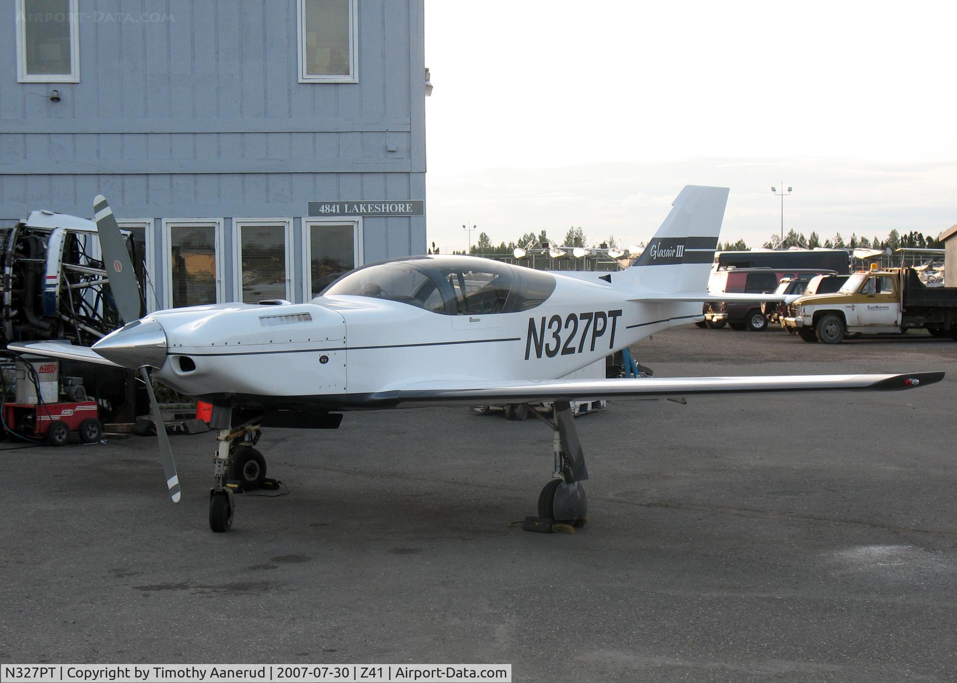 N327PT, Stoddard-Hamilton Glasair III C/N 3035, Stoddard-Hamilton Glasair III, c/n 3035. Parked near Lake Hood.  What's under the hood?  The upper cowl vents suggest something other than a Lycoming-540.